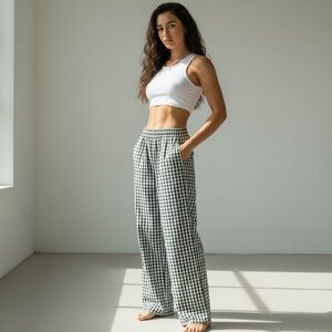 Hello Kitty Dazy Black White Gingham Check Wide Leg Pants Elastic Waist, Size M